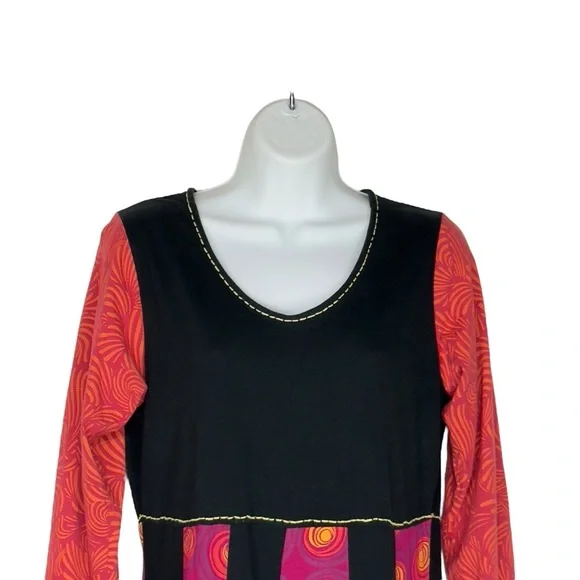Adria Mode Bohemian Black Multicolour Organic Cotton Aline Short Dress Large - Picture 4 of 10